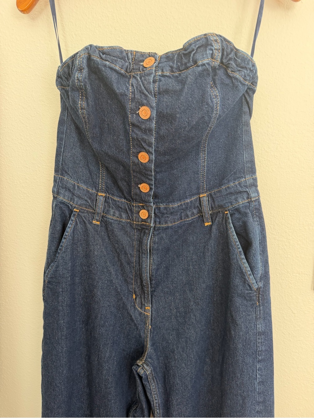 GAP Dark Blue Strapless Denim Button-Front Jumpsuit - Picture 4 of 11